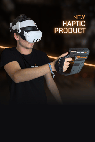 provolver haptic pistol for meta quest 3s with male player aiming it